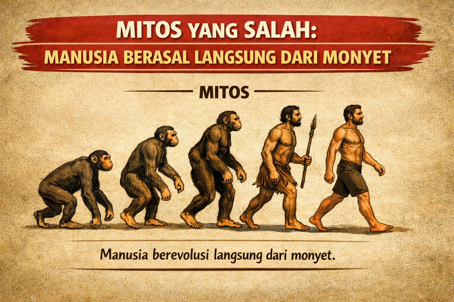 Ilustrasi miskonsepsi: manusia berevolusi langsung dari monyet dalam garis lurus